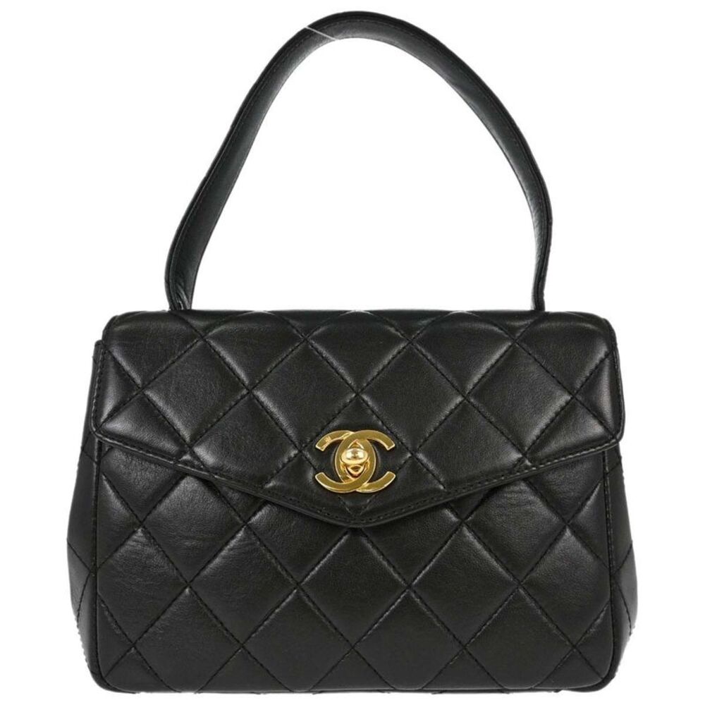 Chanel Vintage Classic Top Handle Flap Quilted Lambskin Black Leather Handbag